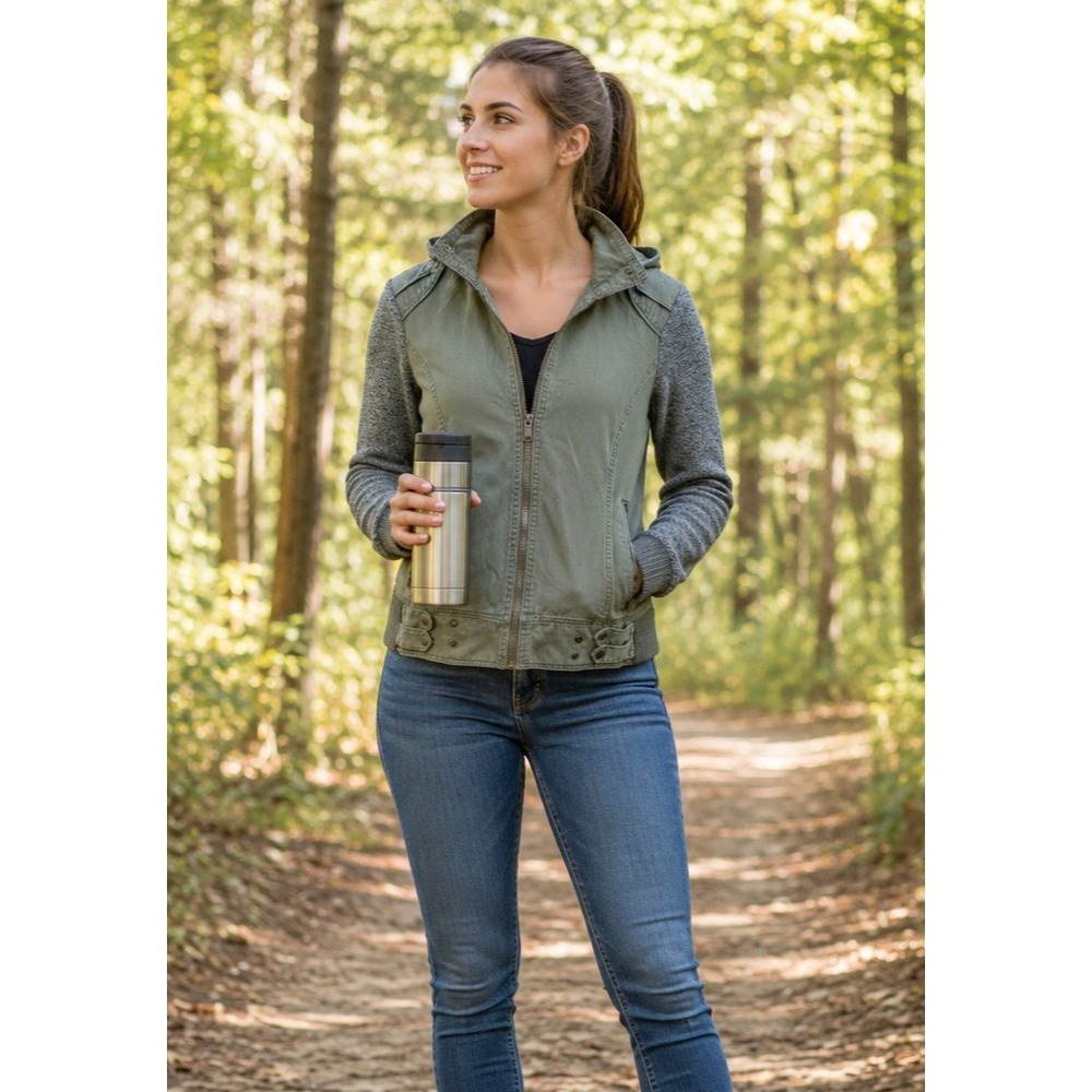 Rue 21 Medium Army Green Canvas Jacket Hooded Bomber Sweatshirt Hood & Sleeves